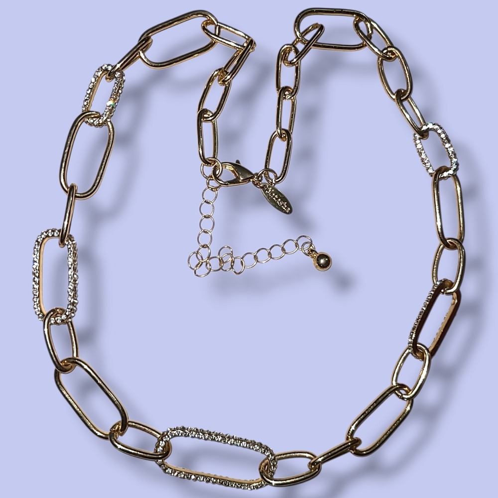 Vintage Natasha Gold Tone Rhinestone Paperclip Chain Necklace 22" '90S Y2K